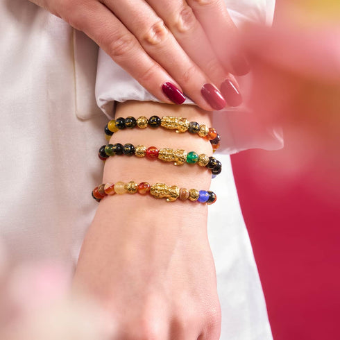 Mini Pixiu Feng Shui Armband | FÜNF Elemente | Chakra-Achat x 18 Karat Gold